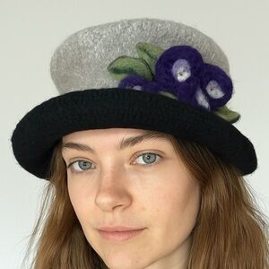 Elegant Gray and Black Wool & Felt Hat with Flower Detachable Accent